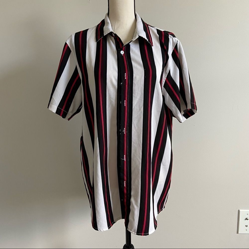 SheIn Red/Black Vertical Striped Button Up Top
